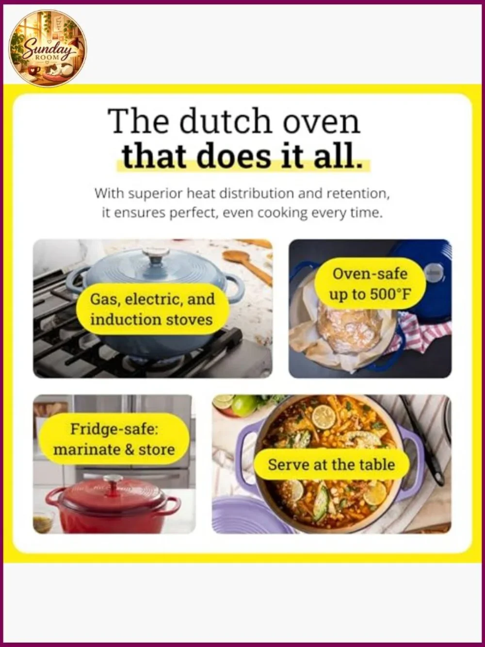 Lodge Enamel Cast Iron Dutch Oven 6 Qt - Bread Baking, Braising, Marinating &